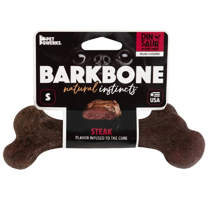 travel-sized pet grooming set-Pet Qwerks Dinosaur BarkBones Steak Nylon Tough Dog Toys 3 Sizes