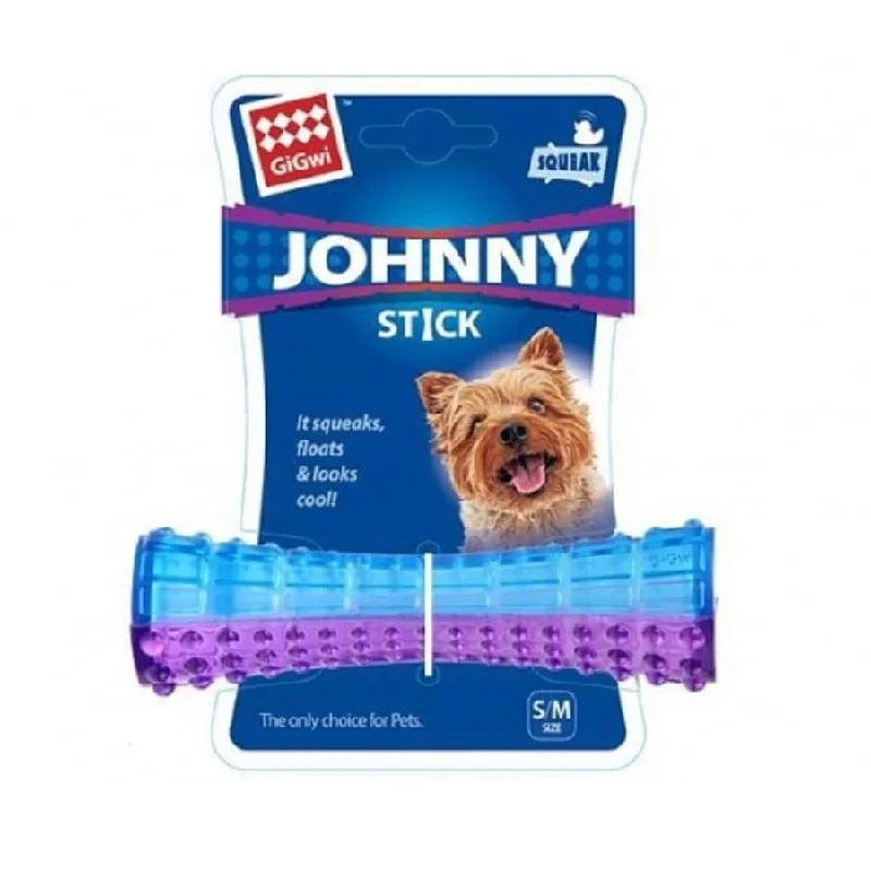 spill-proof elevated pet feeder-Gigwi Johny Stick Push to Mute Squeaker Purple Blue