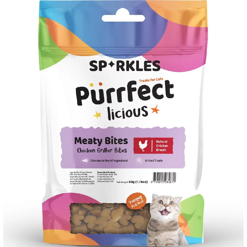 interactive smart pet camera-3 FOR $8.80: Sparkles Purrfectlicious Meaty Bites Chicken Griller Bites Cat Treats 50g