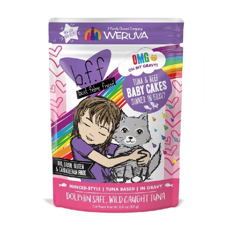 ultra-durable chew-resistant puppy toy-Weruva BFF Tuna & Beef Baby Cakes Recipe Pouches Wet Cat Food