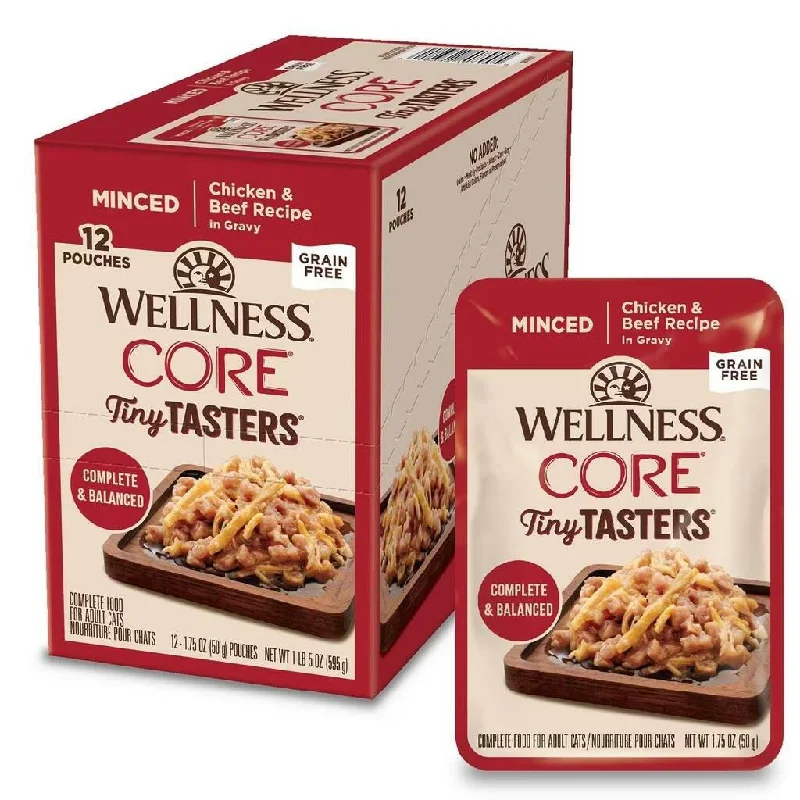 non-toxic bird cage bedding-Wellness CORE Tiny Tasters Grain-Free Minced Chicken & Beef Wet Food for Cats (1.75 oz x 12 pouches)