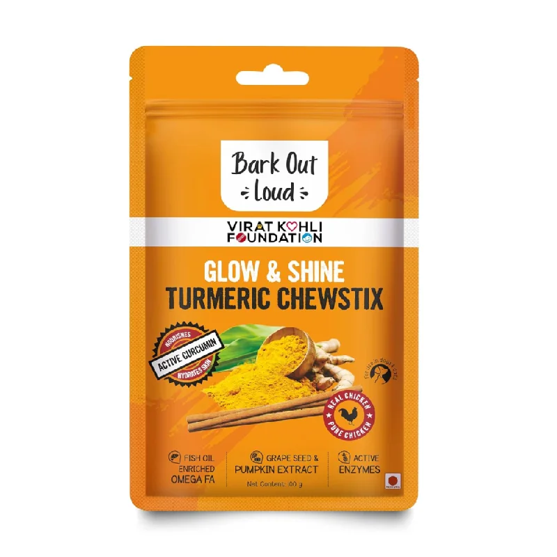 self-cleaning pet fur roller-Bark Out Loud Glow and Shine Turmeric Chew Stix for Dogs and Cats