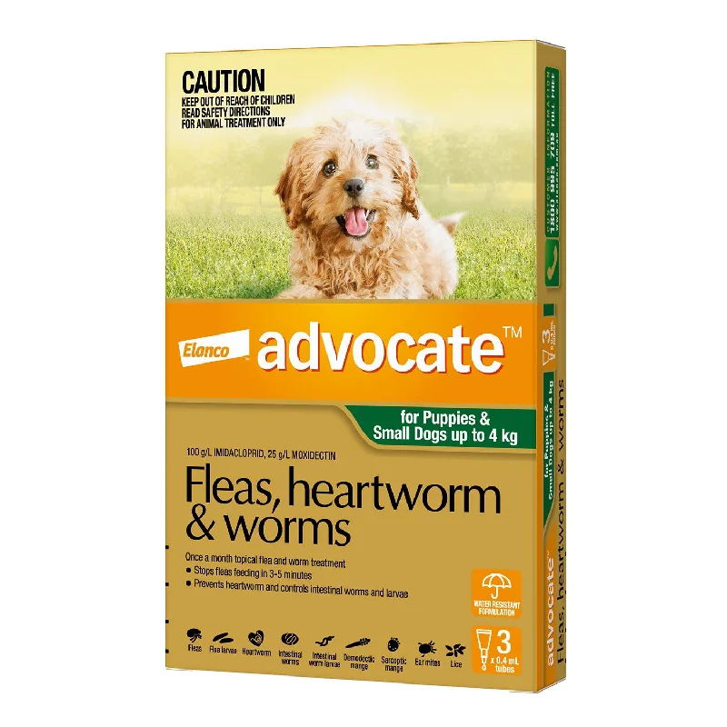 ultra-durable chew-resistant puppy toy-Advocate Flea, Heartworm & Worms for Puppies & Small Dogs up 0-4kg 3 Pack