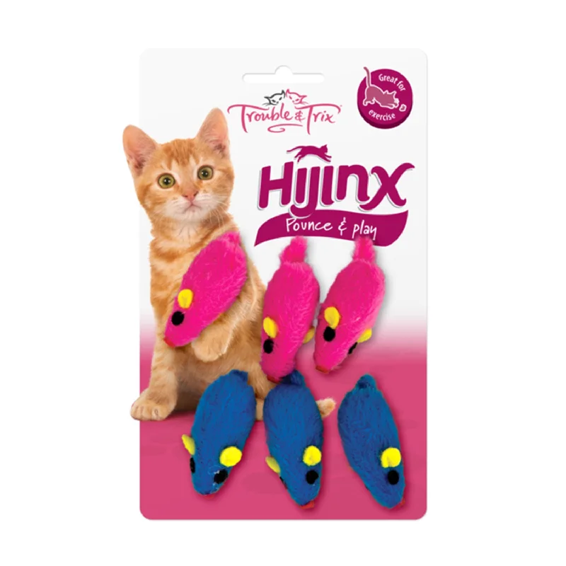 cat-safe flea collar-Trouble & Trix HiJinx Mice Cat Toy 6pk