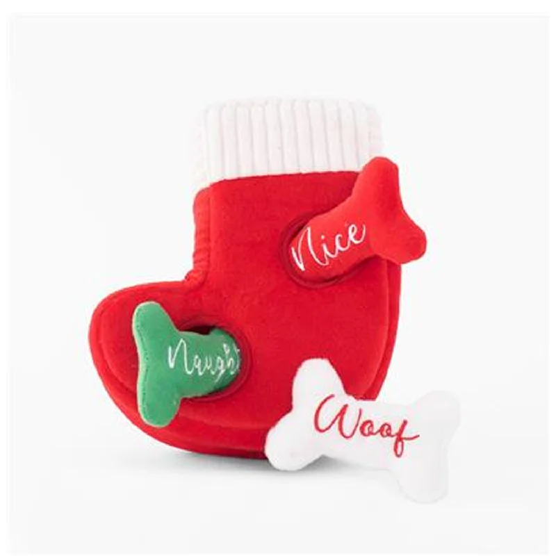 ultra-durable chew-resistant puppy toy-Naughty or Nice Stocking Dog Toy