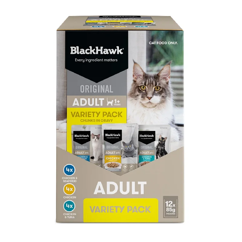 anti-itch dog shampoo-Black Hawk Variety Pack in Gravy Adult Wet Cat Food 12x85g