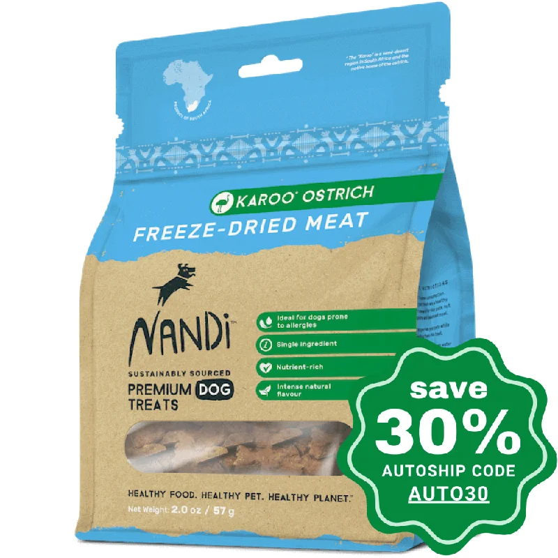 spill-proof dog food mat-Nandi - Freeze-Dried Treats - Karoo Ostrich - 57G