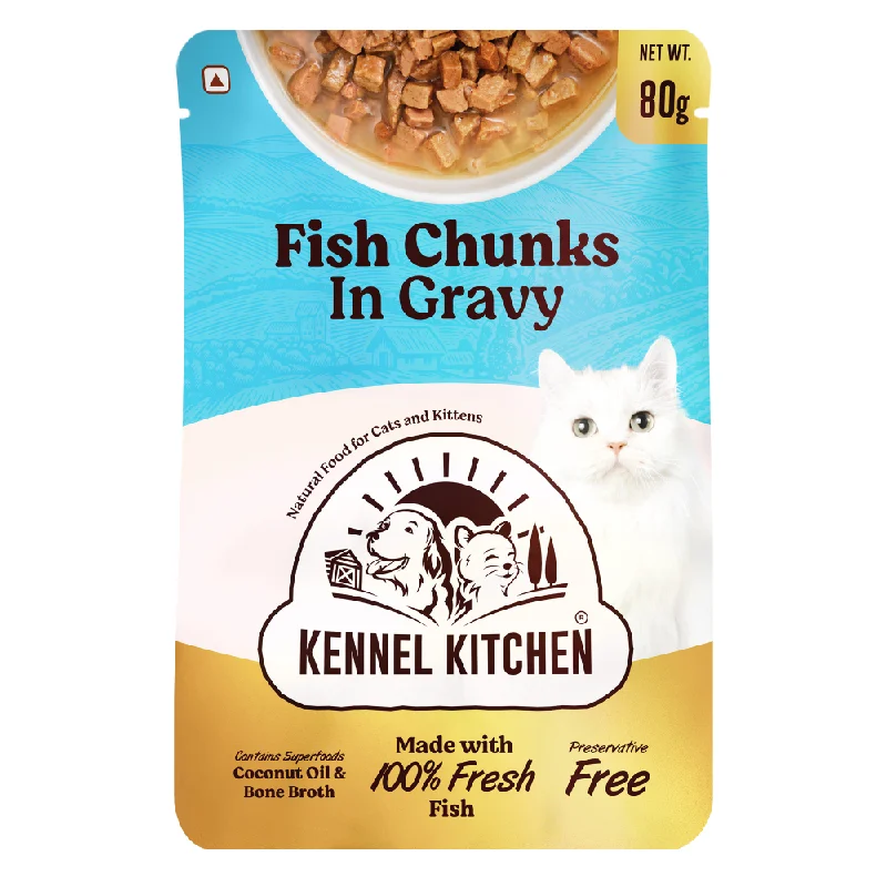 odor-control cat litter pellets-Kennel Kitchen Fish Chunks in Gravy Kitten and Adult Cat Wet Food (All Life Stage)