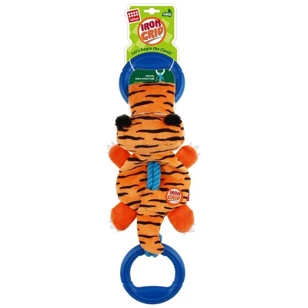 motion-activated pet toy-GiGwi Iron Grip Tiger Plush Tug Toy with TPR Handle