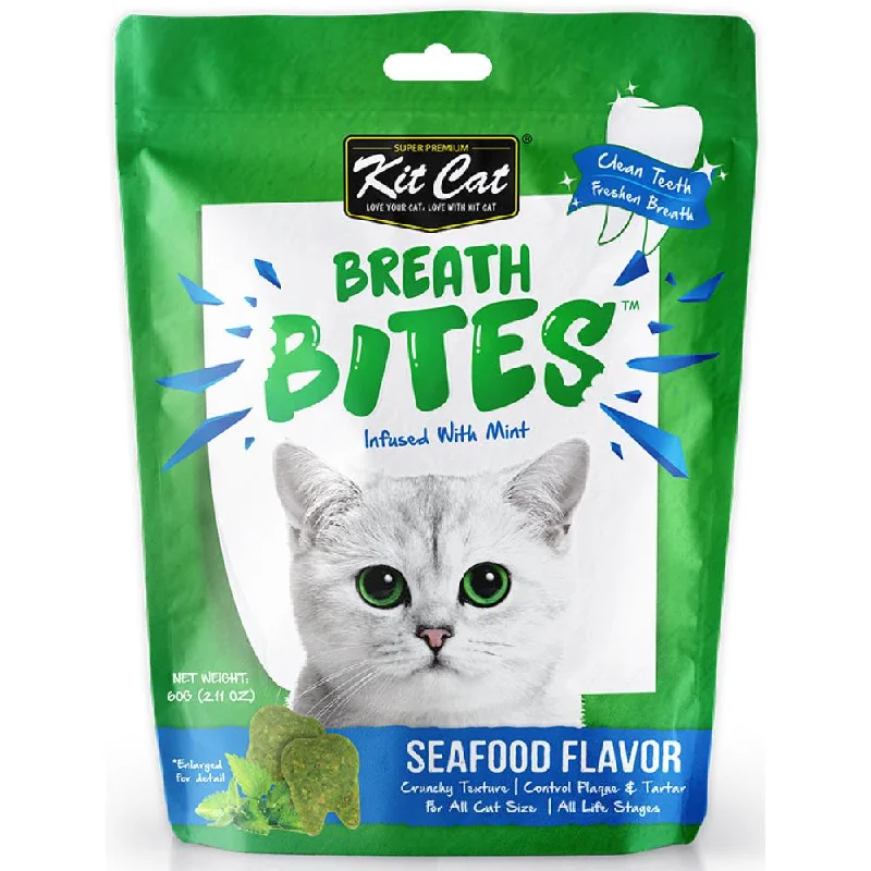 soft chew dog calming treats-5 FOR $14: Kit Cat Breath Bites Mint & Seafood Flavour Dental Cat Treats 60g