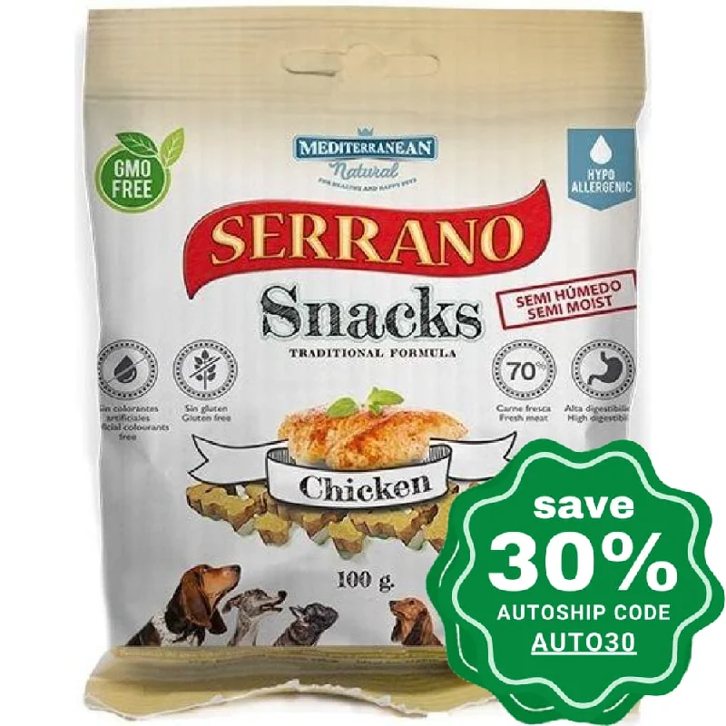 spill-proof travel water dispenser-Mediterranean Natural - Serrano - Dog Snacks - Chicken - 100G (min. 6 Packs)