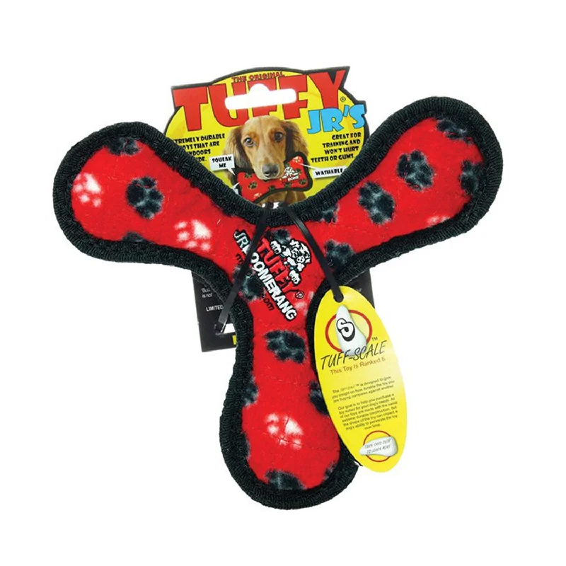 space-saving multi-level cat tower-Tuffy Jr Boomerang Red Paw Print Dog Toy